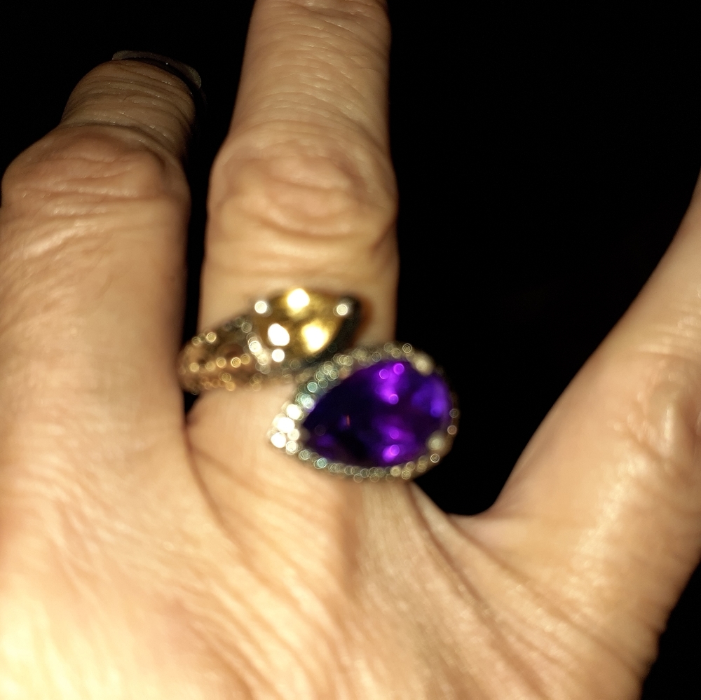 Sterling silver ring with pear shape amethyst stone and citrine pear shape small